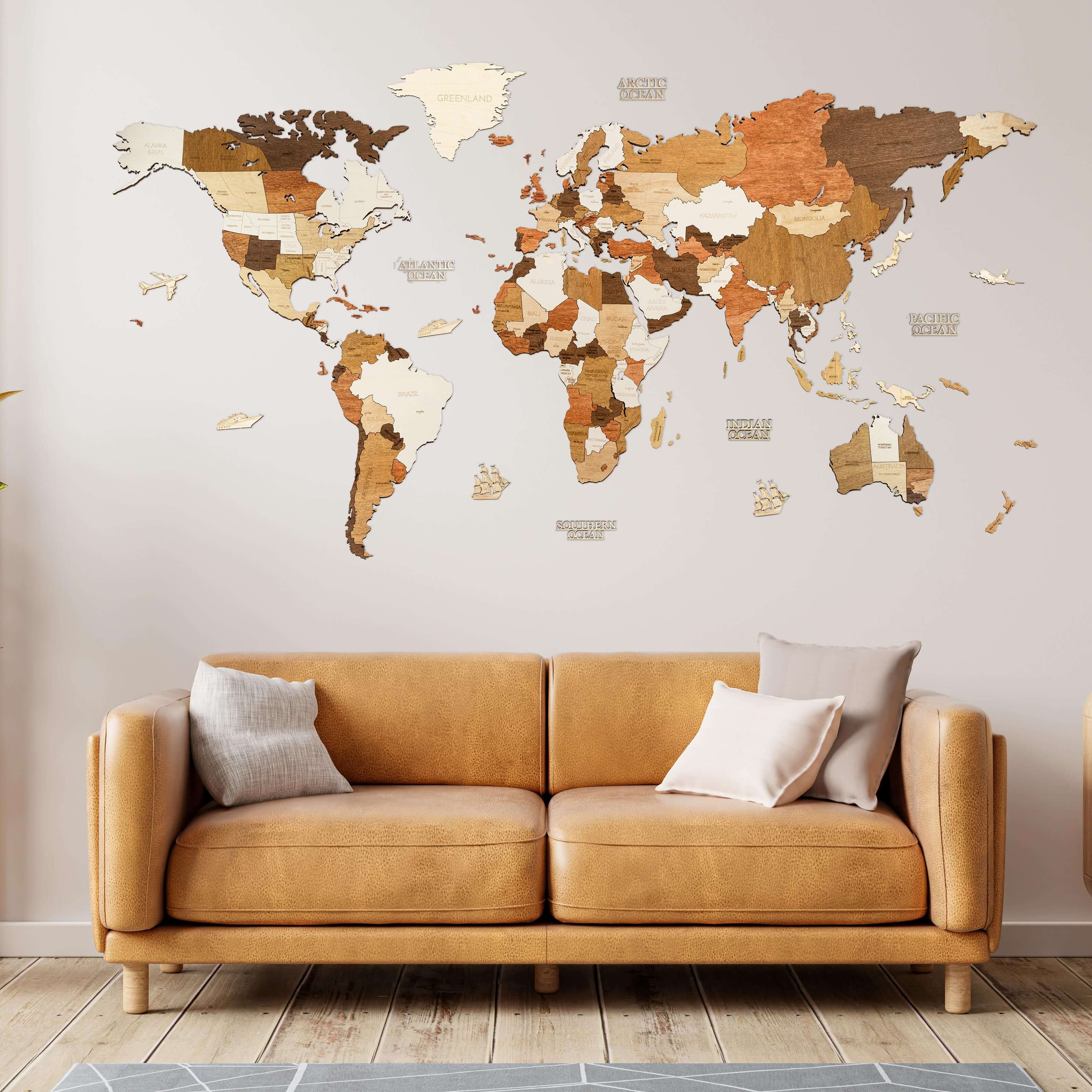 地図模様　マップ模様　箱付き　新品時計　木製 木製世界地図壁掛け時計 | 68travel